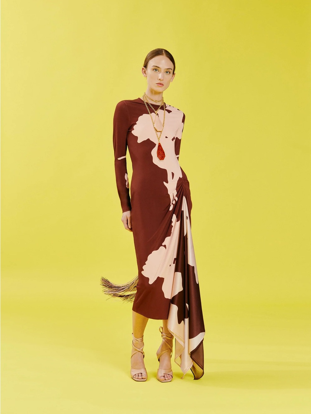 Silvia Tcherassi Brown and Blush Printed Ruched Midi Dress